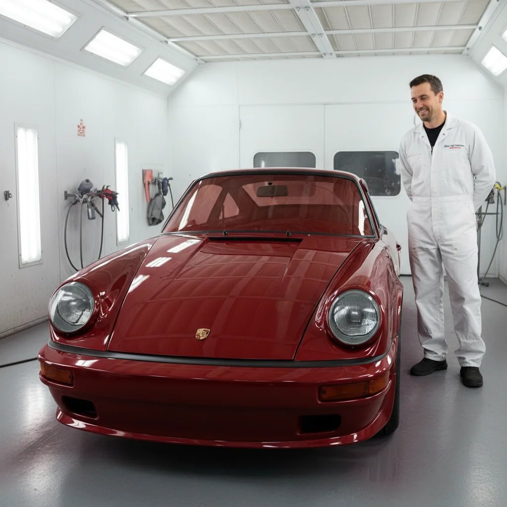 Frisch lackierter Oldtimer-Klassiker in der Lackierkabine