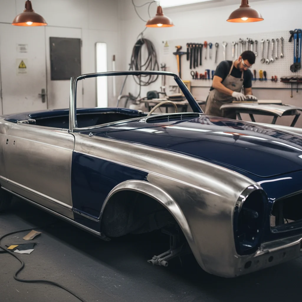 Oldtimer-Restauration in der Werkstatt — Mercedes Pagode wird aufgebaut